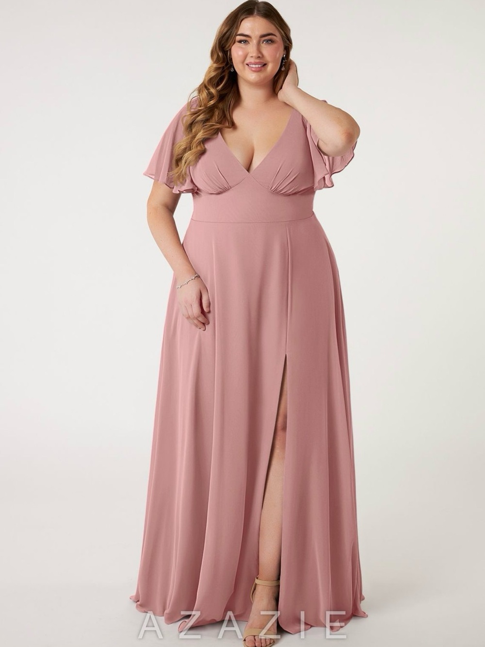 Azazie Dusty Rose V-Neck Flutter Sleeve Maxi Dress